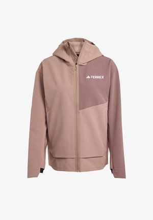 Giacca con cappuccio Terrex in un delicato color mauve, dotata di zip anteriore, due tasche frontali e un patch scuro a contrasto sul lato superiore sinistro.
