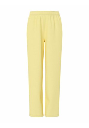 Pantaloni giallo chiaro, a taglio dritto, con vita elastica, esposti su uno sfondo bianco.