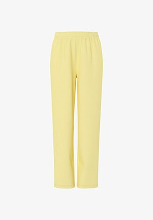 Pantalones de corte recto color amarillo claro, con cintura elástica, exhibidos sobre un fondo blanco.