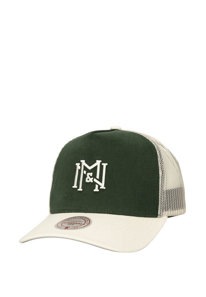 Grüne und beige Mesh-Baseballmütze mit verstellbarem Riemen, ausgestattet mit einem weißen gestickten "I&M"-Logo auf der Vorderseite.