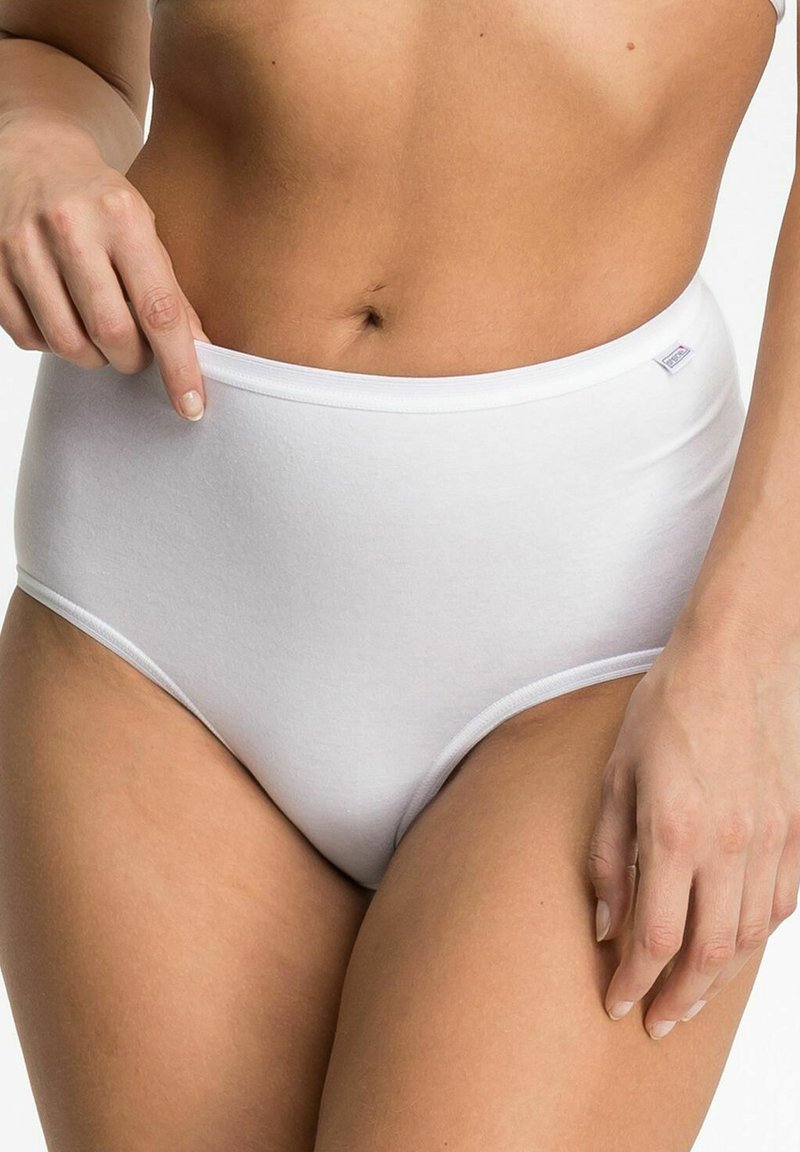 High-waisted white cotton briefs with elastic waistband and smooth texture. Simple design, with a small tag near the waistband.