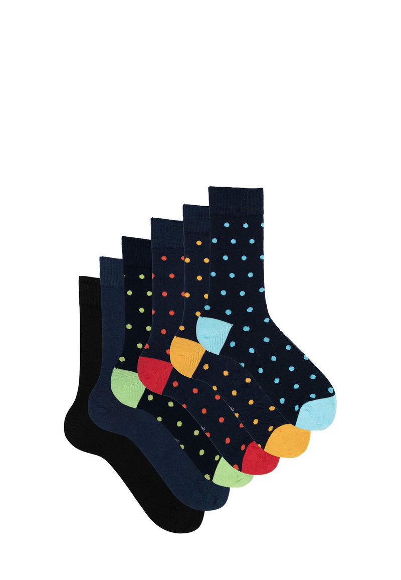 Cinque paia di calzini di cotone in colori scuri con pois a contrasto. Le caratteristiche includono un paio interamente nero, e dettagli colorati nelle punte e nei talloni.