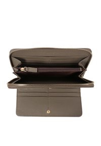 Zip-around wallet in matte gray leather, featuring multiple card slots, a central zipped compartment, and gold-tone hardware accents.