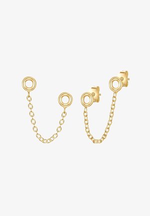 Gold earrings featuring circular studs connected by delicate chains, with a smooth texture and polished finish. Two designs included.