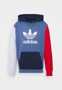 Hooded sweatshirt with color-blocked design featuring gray, navy, red, and white sections. Front has a large white Adidas logo and pocket.