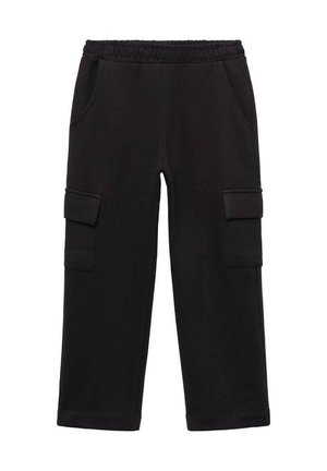 Schwarze Cargo-Hose aus weichem Stoff, mit einem dehnbaren Bund, Seitentaschen und zwei Cargotaschen. Gerade Beinlinie.