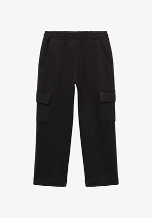Black cargo pants made from soft fabric, featuring a stretchy waistband, side pockets, and two cargo pockets. Straight leg design.