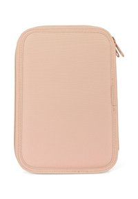 Case organizzativo rettangolare in morbido tessuto rosa chiaro, caratterizzato da una superficie testurizzata e una chiusura con zip con angoli arrotondati.