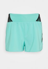 Pantalones cortos deportivos de color azul claro con panel de malla negra y cintura elástica, mostrados desde la parte posterior sobre un fondo blanco.