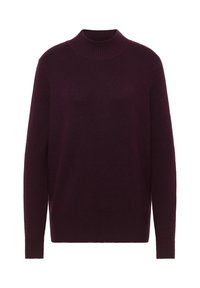 Bordeauxroter Strickpullover mit hohem Kragen und langen Ärmeln. Verfügt über gerippte Details am Kragen und Saum sowie eine weiche Textur.