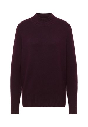 Bordeauxroter Strickpullover mit hohem Kragen und langen Ärmeln. Verfügt über gerippte Details am Kragen und Saum sowie eine weiche Textur.