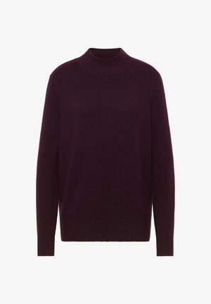 Bordeauxroter Strickpullover mit hohem Kragen und langen Ärmeln. Verfügt über gerippte Details am Kragen und Saum sowie eine weiche Textur.