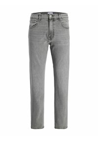 Grijze denim jeans met een recht model, vijf-pocket ontwerp en een knoopsluiting. Bevat subtiele slijtage en een vervaagde textuur.