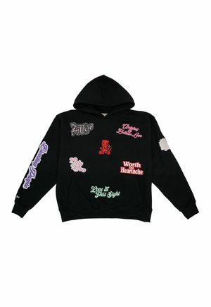 Black hoodie with colorful embroidered love-themed phrases and a small red bear holding a knife in the center front.