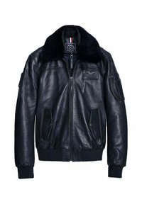 Veste bomber en cuir noir avec col en peau de mouton, fermeture éclair à l'avant et deux poches avant. Comprend des poignets côtelés et un petit patch logo.