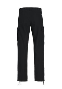 Pantaloni cargo neri con vestibilità dritta, numerose tasche laterali, orli con cordoncino e una texture di tessuto liscia.