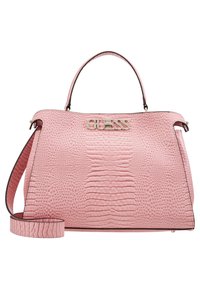 Borsa textured rosa chiaro con motivo in pelle di rettile; presenta un manico superiore, una tracolla removibile e un accento in metallo con il logo.