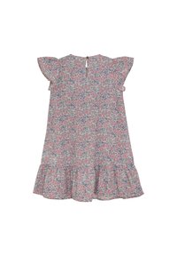 Bloemjurk met korte rimpels mouwen, gemaakt van lichtgewicht stof in roze, blauw en witte patronen. Bevat een knoopsluiting aan de achterkant en een vloeiende zoom.