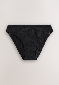 Zwarte kanten ondergoed met een bloemenpatroon aan de voorkant, voorzien van een zachte tailleband en een gladde stoffen body. Driehoekige vorm met volledige bedekking.