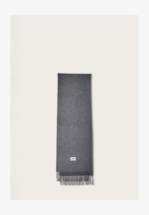 Gray scarf made of soft material, featuring a smooth texture and fringed ends. Includes a small white label with logo at one end.