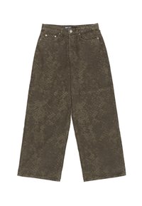 Oliwkowe spodnie typu wide-leg z denimu, z teksturowanym wzorem, pięcioma kieszeniami oraz zapięciem na guzik z przodu.