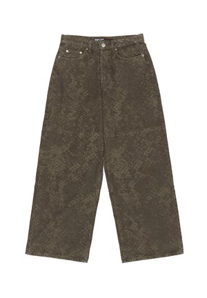 Oliwkowe spodnie typu wide-leg z denimu, z teksturowanym wzorem, pięcioma kieszeniami oraz zapięciem na guzik z przodu.