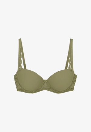 Olivengrønn polstret BH med blondepynt på kupper, stropper og bånd, med justerbare skulderstropper.