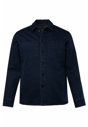 Dunkelblaue Jeansjacke mit zwei Brusttaschen und Seitentaschen. Verfügt über schwarze Knöpfe und einen klassischen Kragen. Glatte Textur.