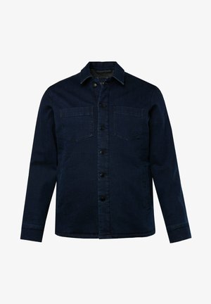 Donkerblauwe denimjas met twee borstzakken en zijzakken. Voorzien van zwarte knopen en een klassieke kraag. Zachte textuur.