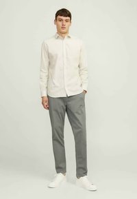 Camicia a righe di colore chiaro con colletto standard, abbinata a pantaloni grigi e sneakers bianche. Design semplice, texture liscia.