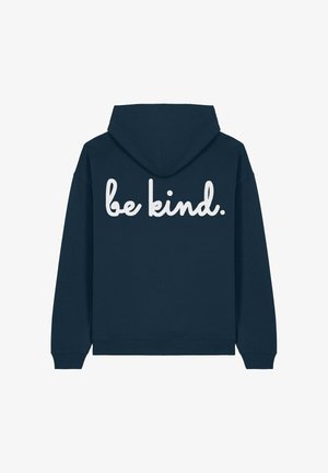 Sudadera azul marino con cordón, que presenta la frase "sé amable" en texto cursivo blanco en la parte trasera. Material de algodón suave.