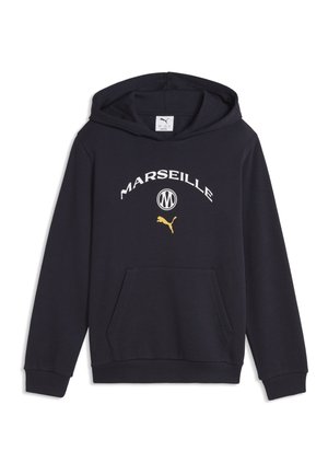 Czarna bluza z kapturem z "Marseille,", okrągłym logo i żółtym logo Puma na piersi oraz przednią kieszenią kangurką.