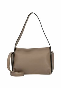 Sac à épaule en cuir beige avec une texture lisse, doté d'une seule sangle et de finitions noires, de forme rectangulaire et avec des détails matériels subtils.