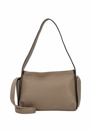 Beige Leder Schultertasche mit glatter Textur, einem einzigen Tragegurt und schwarzem Akzent, rechteckiger Form und dezenten Hardware-Details.