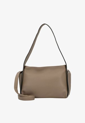 Sac à épaule en cuir beige avec une texture lisse, doté d'une seule sangle et de finitions noires, de forme rectangulaire et avec des détails matériels subtils.
