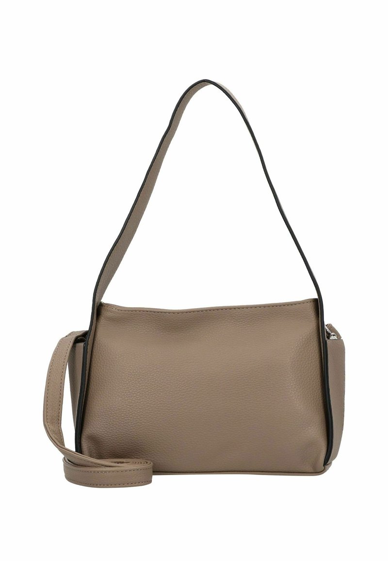 Sac à épaule en cuir beige avec une texture lisse, doté d'une seule sangle et de finitions noires, de forme rectangulaire et avec des détails matériels subtils.