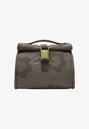 Ciemnoszara torba z rolką, ozdobiona dużymi czarnymi nadrukami kwiatów i zielonym plastikowym zapięciem na przodzie.