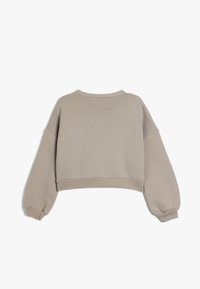 Sudadera recortada en beige claro, hecha de una tela suave. Presenta mangas anchas y dobladillos acanalados. Textura suave sin patrones ni acentos.