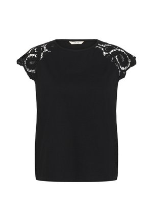 Schwarzes Kurzarmshirt mit rundem Ausschnitt und Spitzendetails an den Schulterärmeln, aus weichem Stoff mit geradem Saum.