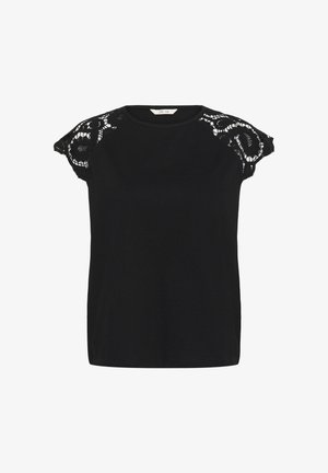 Schwarzes Kurzarmshirt mit rundem Ausschnitt und Spitzendetails an den Schulterärmeln, aus weichem Stoff mit geradem Saum.