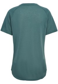 Tyrkysové tričko s krátkým rukávem a kulatým výstřihem, vyrobené z prodyšného materiálu, s texturovaným vzorem a zakřiveným lemem.