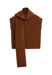 Maglione senza maniche in maglia marrone con una larga sciarpa a collo drappeggiata. Presenta una texture a costine sul collo e sull'orlo, e un corpo aderente.
