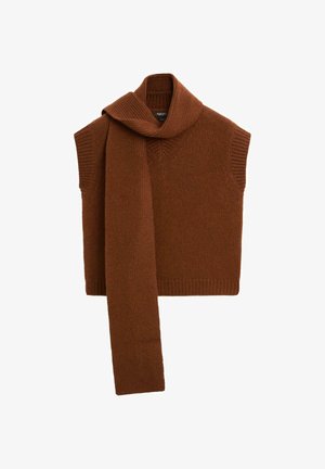 Brown knitted sleeveless sweater with a wide, draped neck scarf. Features ribbed texture on neck and hem, and a fitted body.
