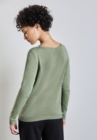 Grüner Pullover mit langen Ärmeln, runder Ausschnitt und geripptem Saum. Weiches Material, eng anliegendes Design, getragen über schwarzen Hosen.
