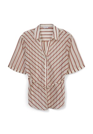 Leichtes, kurzärmeliges Hemd in Creme mit vertikalen rostfarbenen Streifen. Verfügt über eine Knopfleiste auf der Vorderseite und ein gebundenes Taillen-Detail für eine taillierte Silhouette.