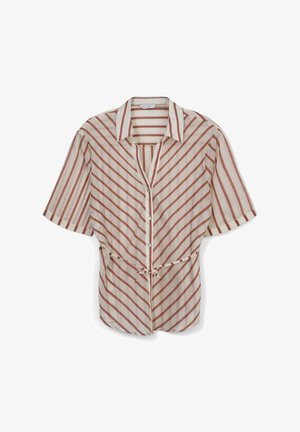 Camicia leggera a maniche corte color crema con strisce verticali color ruggine. Presenta un'apertura con bottoni sul davanti e un dettaglio da annodare in vita per dare forma.