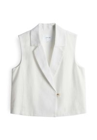 Gilet bianco senza maniche con rever a punta, chiusura a un bottone e una texture liscia. Etichetta visibile nell'area del colletto.