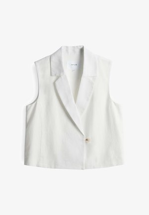 Gilet bianco senza maniche con rever a punta, chiusura a un bottone e una texture liscia. Etichetta visibile nell'area del colletto.