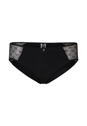 Black bikini briefs featuring a solid front and lace side panels with a geometric pattern, accented with a small metal charm at the waist.