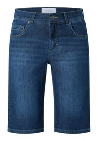 Donkerblauwe denim shorts met een rechte snit, een vijf-pocket ontwerp en een knoopsluiting. Glad van textuur met minimale vervaging en geen patronen.